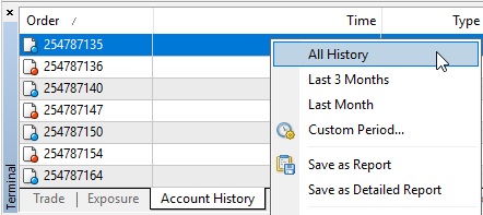 The Account History tab's right click menu with All History highlighted
